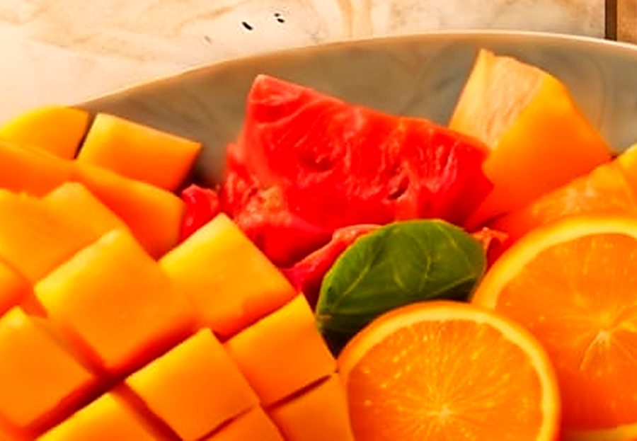 Tropical fruit platter made with seasonal island fruit